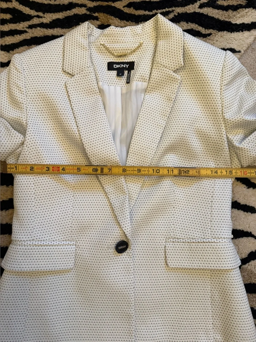 DKNY White & Black Geometric Dot Blazer Ruched 3/4 Sleeve Size 4 Petite